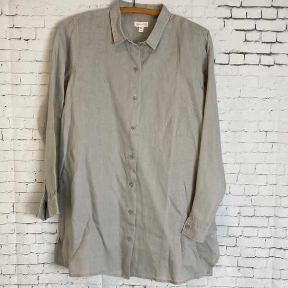Garnet Hill Easy Linen Tunic Grey Gray Button Shirt Coastal Vacation Petite S - Picture 1 of 16